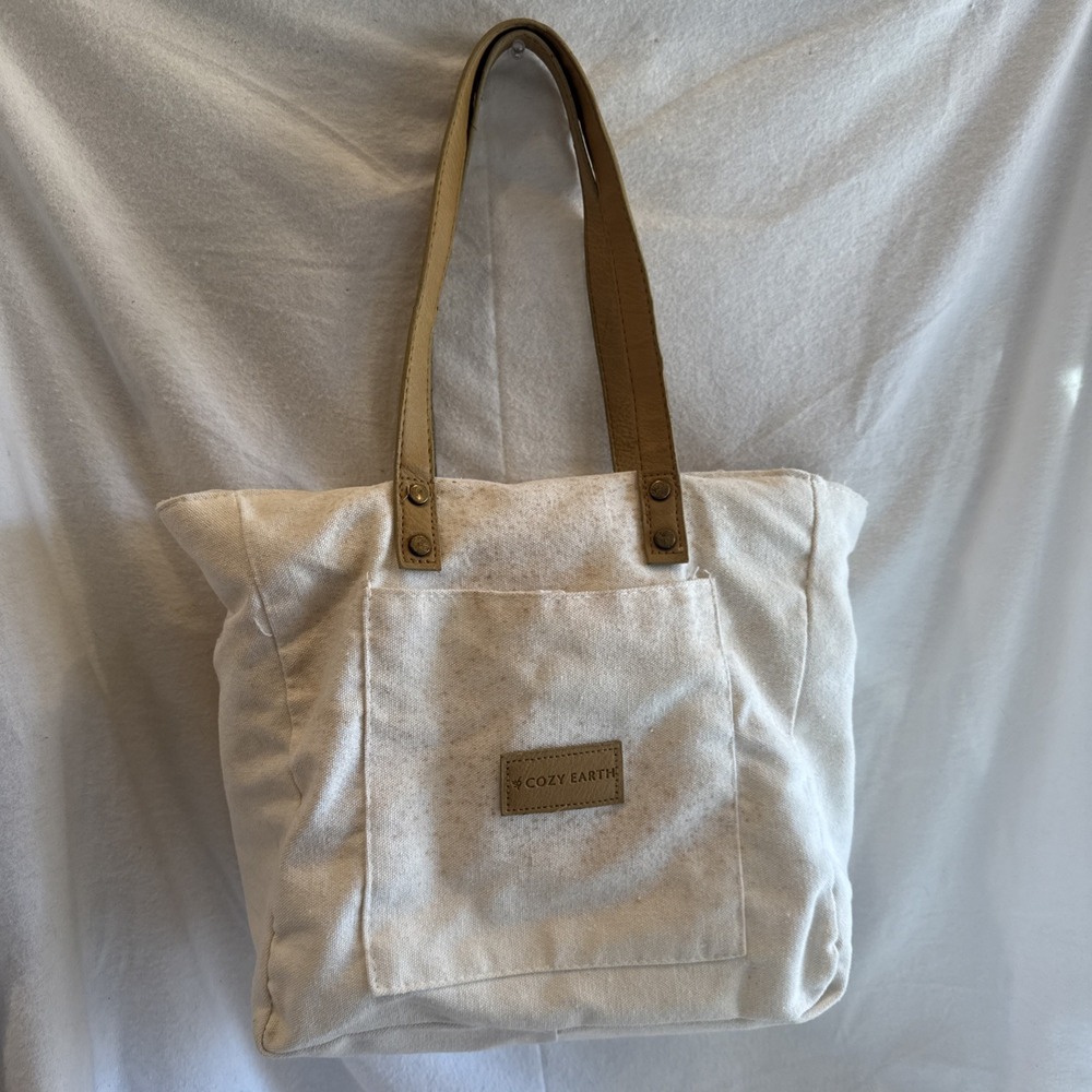 Cozy Earth Zippered Canvas Tote Bag Leather Handles  Pink Splatter 12x10" Travel